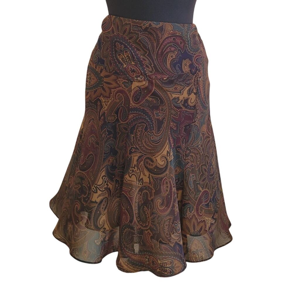 VTG Chaps Paisley Chiffon Tulip Skirt Brown Cottagecore Midi Whimsigoth Romantic